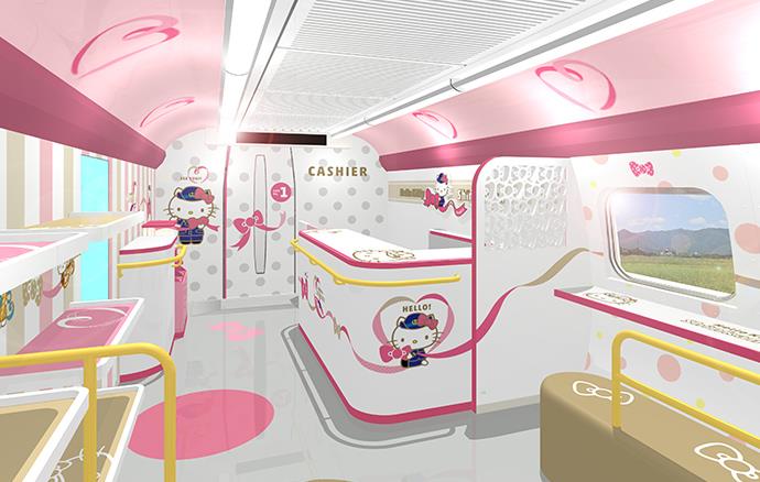 Il design della carrozza Hello! Plaza del treno Hello Kitty Shinkansen Dettagli della carozza Hello! Plaza dello Shinkansen a tema Hello Kitty