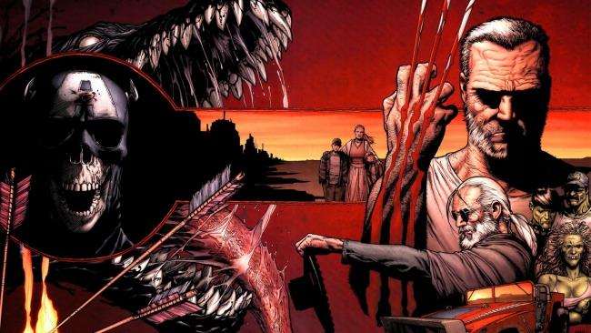 La copertina di Vecchio Logan La copertina estesa di Vecchio Logan mostra tutti i protagonisti dell'opera