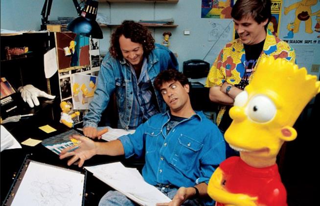 David Silverman, regista dei Simpson, è stato l'ospite d'onore di una fantastica lectio magistralis organizzata da Bergamo Toons In foto David Silverman, due animatori e una gigantografia di Bart Simpson