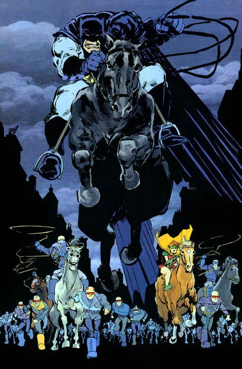 Una pagina de Il Ritorno Del Cavaliere Oscuro Batman a cavallo in una pagina de Il Ritorno Del Cavaliere Oscuro