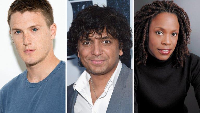 Spencer Treat Clark, M. Night Shyamalan e Charlayne Woodard regista e protagonisti di Glass Il regista M.Night Shyamalan e gli attori Spencer Treat Clark e Charlayne Woodard