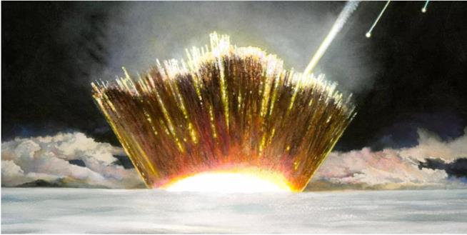Illustrazione di un asteroide che colpisce la terra Esplosione causata da un asteroide