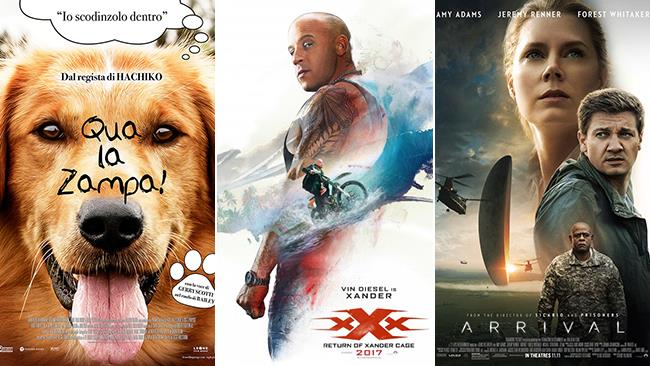 Weekend al cinema: i film in uscita il 21 e 22 gennaio 2017 Le locandine dei film Qua la Zampa!, xXx- Il Ritorno di Xander Cage e Arrival