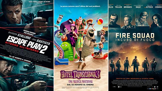 Weekend al cinema: i film in sala il 25 e 26 agosto 2018 I poster dei film Escape Plan 2, Hotel Transylvania 3 e Fire Squad - Incubo di fuoco