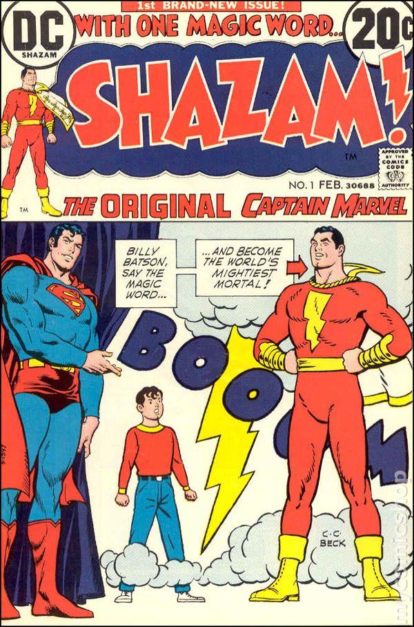 Capitan Marvel/Shazam fa il suo secondo debutto nel 1973, dopo l'acquisizione dei diritti di pubblicazione da parte di DC Comics Copertina del #1 di Shazam del febbraio 1973