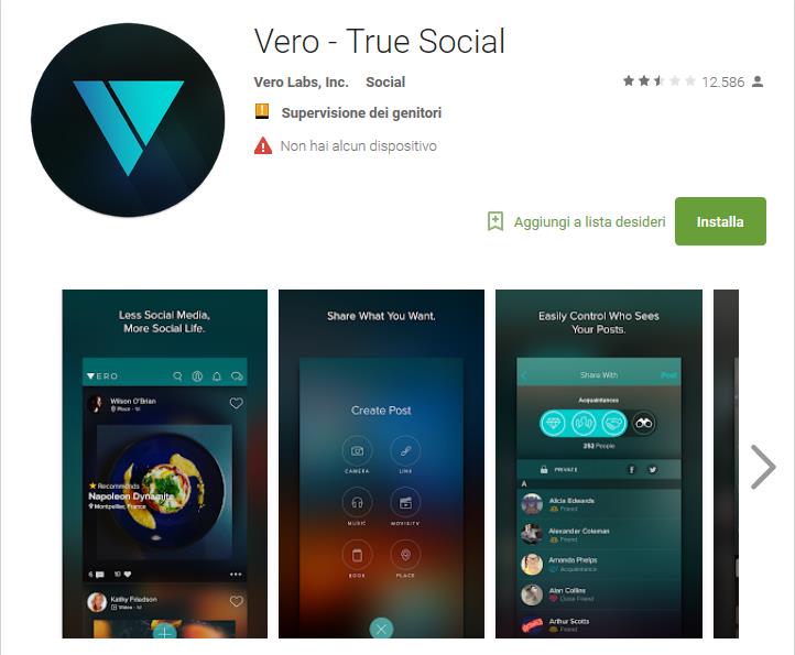 Vero su Google Play Store App di Vero su Google Play Store per i dispositivi con Android