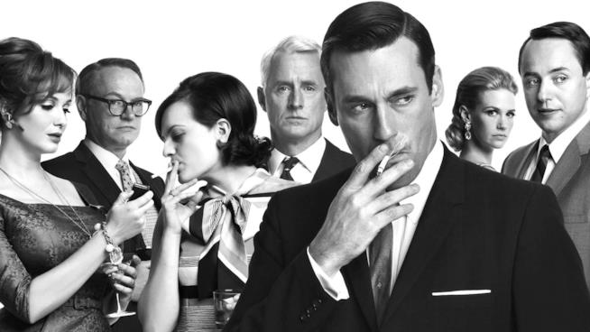 Un'immagine in bianco e nero del cast di Mad Men Il cast di Mad Men in bianco e nero