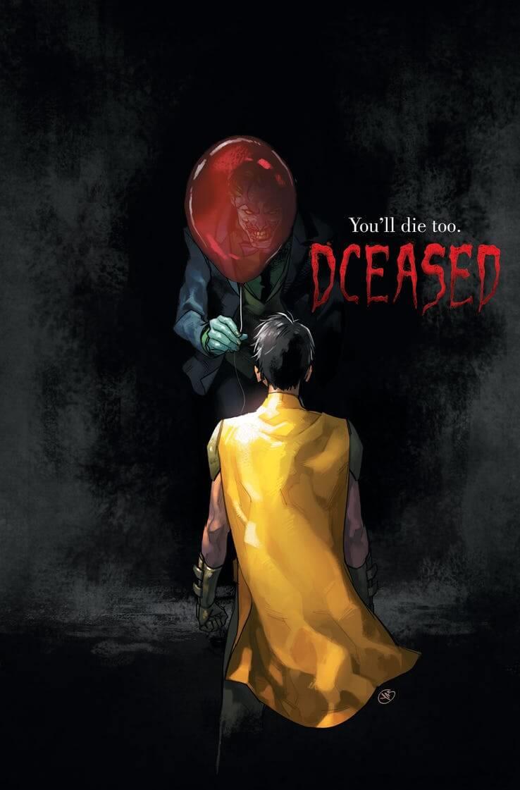 Il Joker e Robin nella variant cover che omaggia IT di Stephen King, disegnata da Yasmine Putri Robin, di spalle, guarda il Joker in penombra che gli offre un pallocino rosso, nella variant cover disegnata da Yasmine Putri