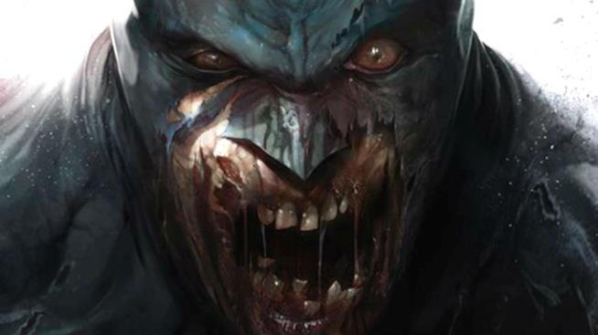 Batman in versione zombie, ritratto da Francesco Mattina in una delle variant cover della miniserie DCeased Primo piano di Batman in versione zombie