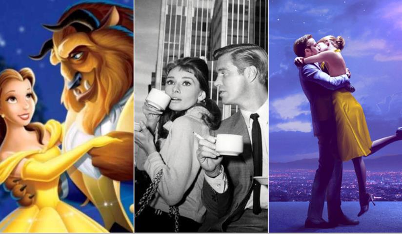 I film d'amore più belli Collage tra La Bella e la Bestia, Colazione da Tiffany, La La Land