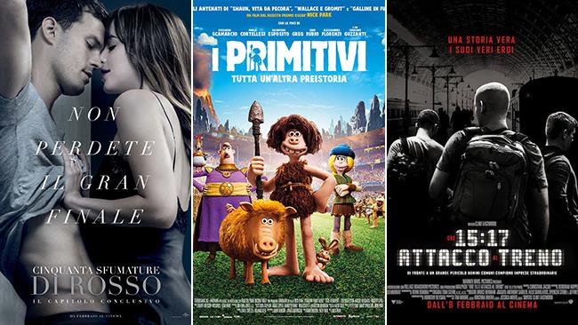 Weekend al cinema: i film in uscita il 10 e 11 febbraio 2018 I poster dei film Cinquanta sfumature di rosso, I primitivi, Ore 15:17 - Attacco al treno