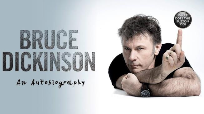 Ad Aprile è giunta anche in Italia l'autobiografia di Bruce Dickinson Bruce Dickinson in posa, con il dito indice alzato a puntare la grafica di un pulsante