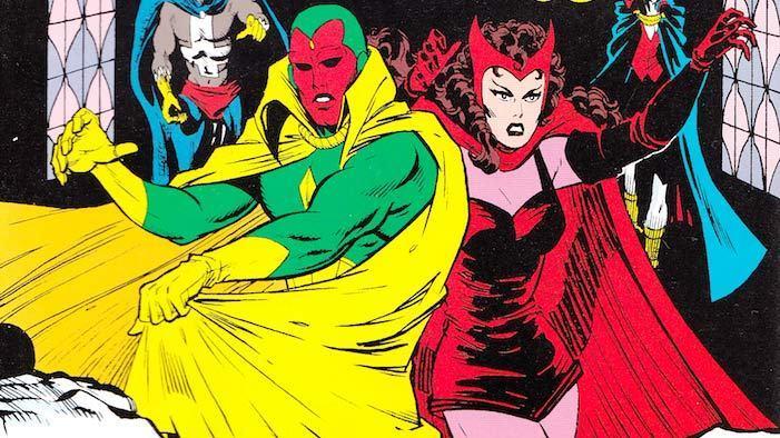 WandaVision, un dettaglio del poster omaggia i classici fumetti Marvel Visione e Scarlet Witch insieme, in una immagine dei fumetti. Entrambi indossano un mantello, il primo ha un costume verde e giallo, la seconda veste di rosso