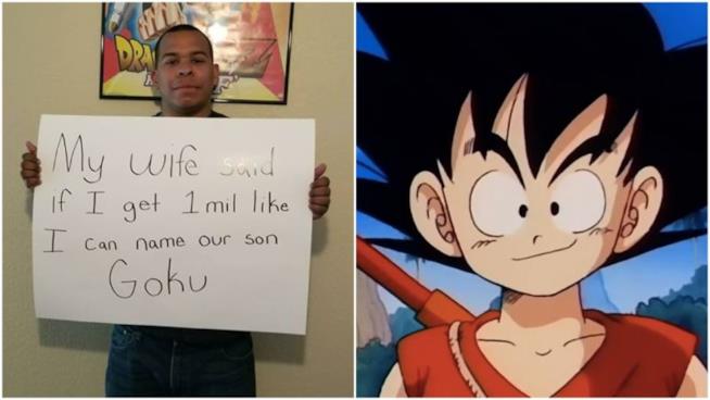 Un milione di like su FB e la moglie gli permette di chiamare il figlio Goku Il fan di Dragon Ball con il suo cartello e Goku