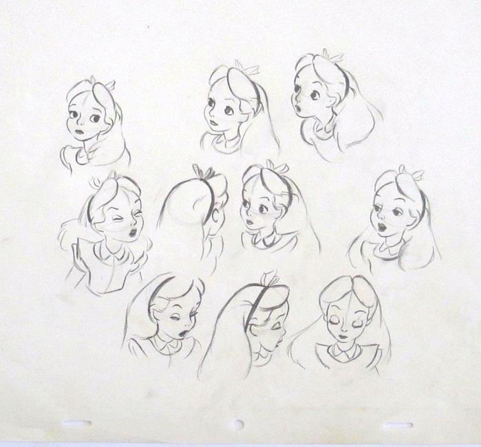 Schizzi preparatori di Alice nel paese delle meraviglie Alcuni schizzi di Alice, cartone animato della Disney