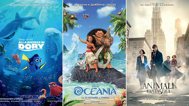 La classifica dei film per ragazzi più significativi del 2016 I poster di Alla Ricerca di Dory, Oceania, Animali Fantastici e Dove Trovarli