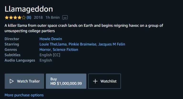 Il prezzo per acquistare Llamageddon. Il prezzo di Llamageddon su Amazon Prime Video.