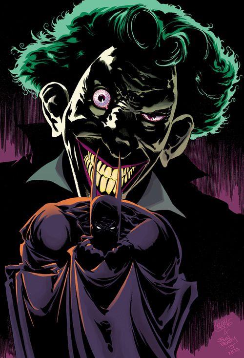 Il tratto vampiresco di Kelley Jones Il volto del Joker sovrasta Batman, su sfonda viola