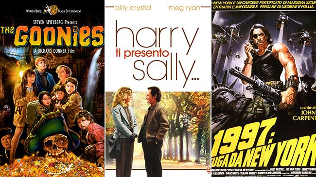 10 film cult anni '80 da vedere la sera del 31 dicembre Le locandine dei film I Goonies, 1997 - Fuga da New York e Harry Ti Presento Sally