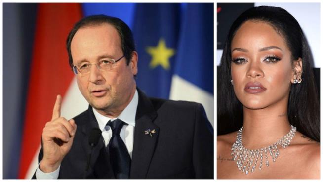 Rihanna sollecita Hollande su Twitter per fargli leggere una sua lettera Primo piano di Rihanna e del Presidente Hollande