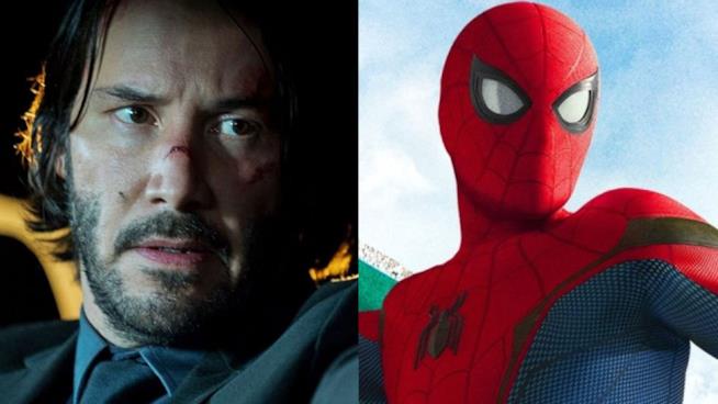 Loghi e poster di anteprima di John Wick 3 e Spider-Man: Far From Home Primi piani di John Wick e Spider-Man