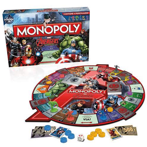 La scatola e il contenuto del Monopoly Avengers La scatola e la plancia di gioco del Monopoly Avengers di Hasbro