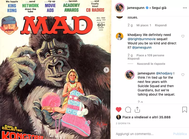 James Gunn apre alla possibilità di un sequel de L'angelo del male - Brightburn A sinistra l'immagine di una delle cover del magazine Mad, a destra domanda e risposta tra un fan e James Gunn a proposito del sequel del film L'angelo del male - Brightburn