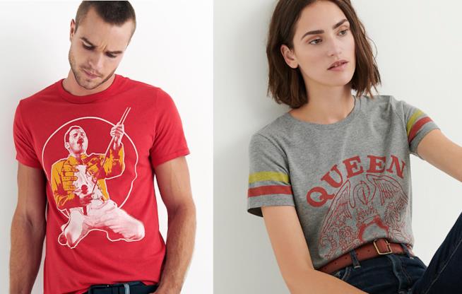 La t-shirt for men con immagine di Freddie Mercury e quella for women con il logo del tour '75 Le magliette per lei e per lui, con loghi e immagini della band