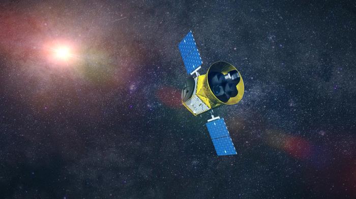 Una suggestiva illustrazione in 3D del telescopio spaziale TESS Un'illustrazione in 3D del telescopio spaziale TESS