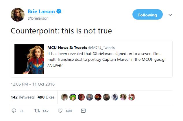 Brie Larson smentisce il suo contratto per 7 film Marvel Brie Larson smentisce su Twitter di aver firmato per 7 film