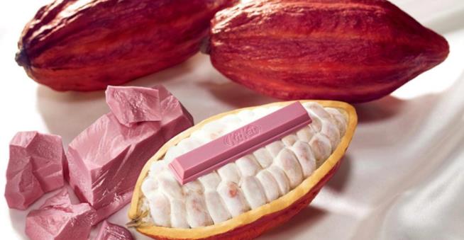 Ecco il nuovo Kit Kat al cioccolato rosa Primo piano della barretta Kit Kat al cioccolato rosa con chicci di cacaco rubino