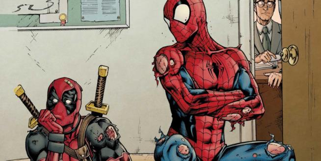I due protagonisti dei film tratti dai fumetti Marvel si scambiano battute su Twitter Deadpool e Spider-Man in una tavola tratta da un fumetto