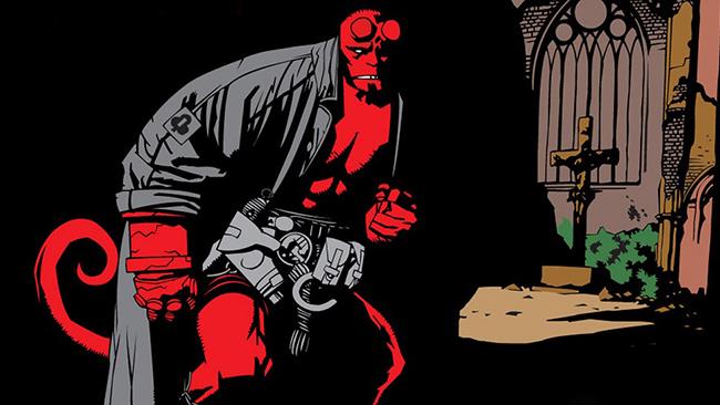 Hellboy gira in un'antica cattedrale inglese e i fedeli non gradiscono Hellboy in una chiesa in una tavola di Mike Mignola