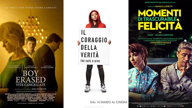 Weekend al cinema: i film in sala il 16 e 17 marzo 2019 I poster di Boy Erased - Vite cancellate, Il coraggio della verità, Momenti di trascurabile felicità
