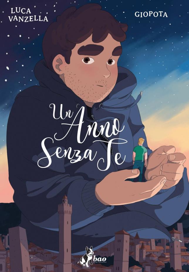La copertina illustrata della graphic novel Un Anno Senza Te Il protagonista di Un Anno Senza Te regge tra le mani il suo amore perduto nel cielo di Bologna