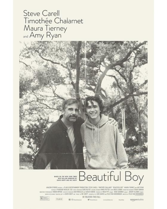 Beautiful Boy Timothée Chalamet e Steve Carell nel poster in bianco e nero di Beautiful Boy