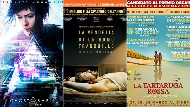 Weekend al cinema: i film in uscita l'1 e 2 aprile 2017 Le locandine dei film Ghost in the Shell, La Vendetta di un Uomo Tranquillo e La Tartaruga Rossa