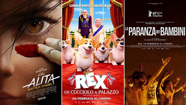Weekend al cinema: i film in sala il 16 e 17 febbraio 2019 I poster di Alita - Angelo della battaglia, Rex - Un cucciolo a palazzo, La paranza dei bambini
