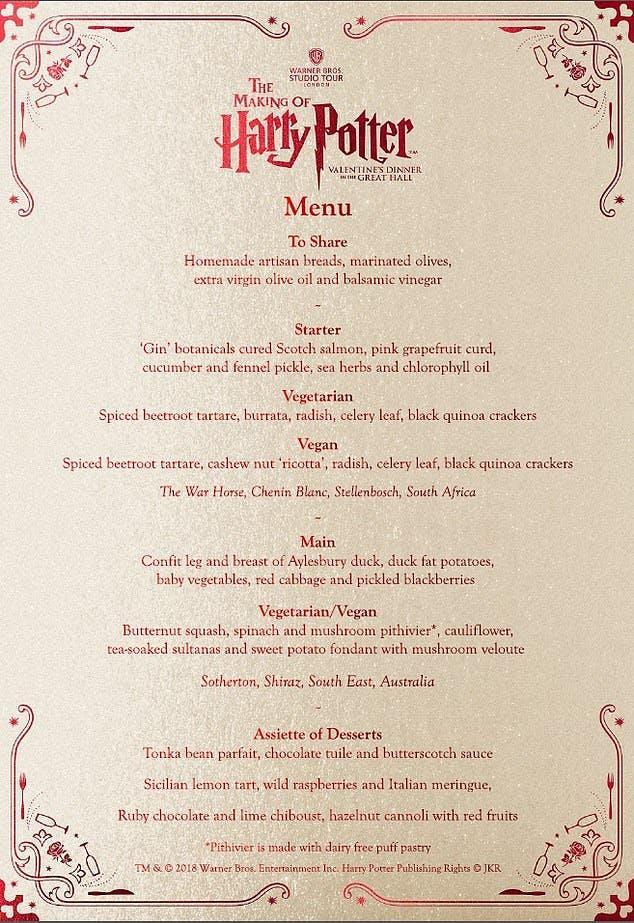 San Valentino 2019 nella Sala Grande di Hogwarts Menu di San Valentino 2019 nella Sala Grande di Hogwarts