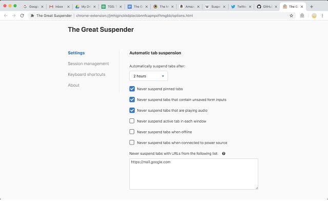 The Great Suspender, l'estensione ideale quando si aprono troppe schede Impostazioni dell'estensione The Great Suspender