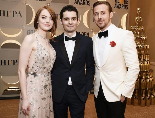 Emma Stone, Damien Chazelle e Ryan Gosling Emma Stone, Damien Chazelle e Ryan Gosling ai Golden Globes 2017