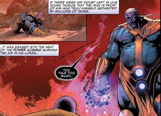 Thanos al cospetto di una versione futura di sé stesso Thanos al cospetto di una versione futura di sé stesso in una tavola di Thanos 14