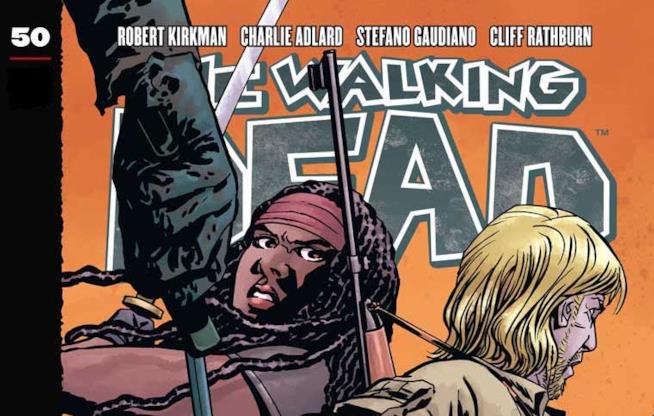 Michonne e Aaron al centro dell'azione in The Walking Dead Michonne e Aaron in pericolo sulla cover del numero 50 di The Walking Dead