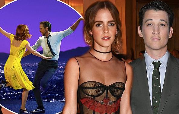 Emma Watson e Miles T La La Land Emma Watson e Miles Teller sullo sfondo di La La Land