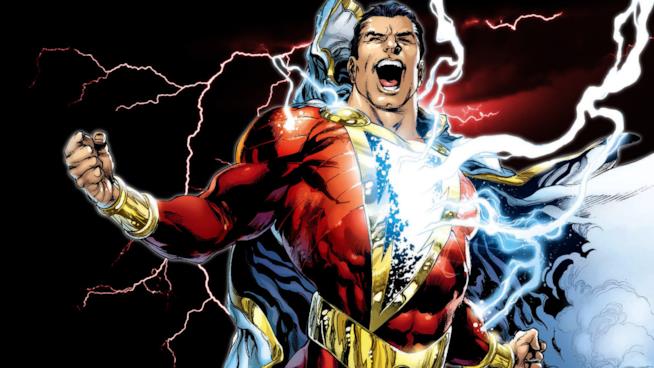 Shazam! è il supereroe che, grazie a un fulmine magico, da bambino diventa un campione con superpoteri Vignetta disegnata del mezzobusto di Shazam che viene colpito dal fulmine magico