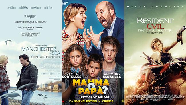Weekend al cinema: i film in uscita il 18 e 19 febbraio 2017 Le locandine dei film Manchester by the Sea, Mamma o Papà?, Residente Evil - The Final Chapter