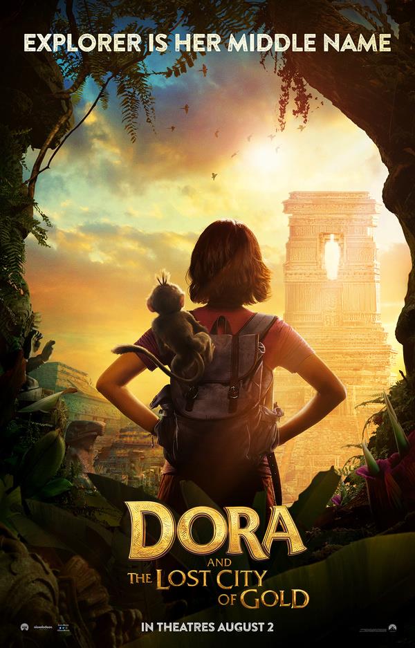 Dora e la città perduta poster americano Dora e la città perduta, il poster americano mostra la protagonista Dora di spalle con lo zaino d'avventuriera e la sua fidata scimmietta