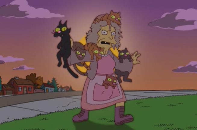 La gattara pazza dei Simpson: senzatetto o zitella? La gattara e i suoi gatti per le strade di Springfield