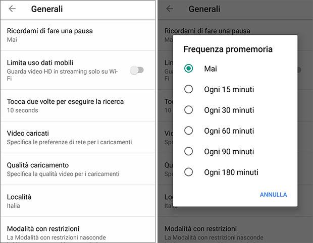 YouTube per Android: la funzione Remind me to take a break Dettagli della funzione Remind me to take a break per l'app YouTube per Android