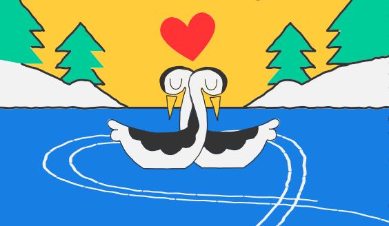 Due cigni e un cuore Due cigni che si incrociano e un cuore nel Doodle Google del 14 febbraio 2018